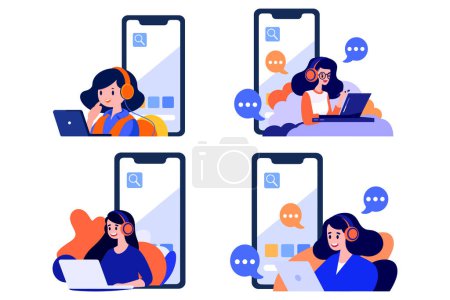 Ilustración de Personajes de Call center dibujados a mano con smartphones en el concepto de soporte en línea en estilo plano aislado sobre fondo - Imagen libre de derechos