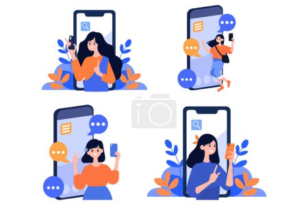 Ilustración de Personaje femenino dibujado a mano hablando con smartphone en concepto de comunicación en línea en estilo plano aislado en el fondo - Imagen libre de derechos