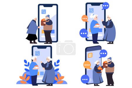 Téléchargez les illustrations : Les personnages âgés dessinés à la main parlent via des smartphones dans un style plat isolé en arrière-plan - en licence libre de droit