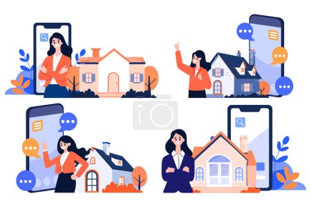 Ilustración de Personaje de corredor de la casa dibujada a mano con teléfono inteligente In Concept Real Estate Online en estilo plano aislado en el fondo - Imagen libre de derechos