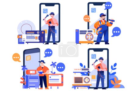 Illustration for Hand Drawn Engineer or repairman character with smartphone in online repair concept in flat style isolated on background - Royalty Free Image