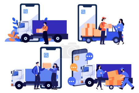 Ilustración de Personaje de hombre de entrega dibujada a mano con camión En el concepto de entrega en línea en estilo plano aislado en el fondo - Imagen libre de derechos