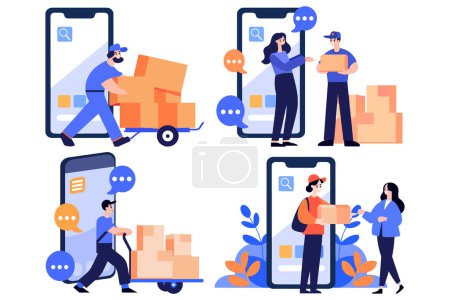 Illustration for Hand Drawn Characters of delivery worker and customer In the concept of online delivery in flat style isolated on background - Royalty Free Image