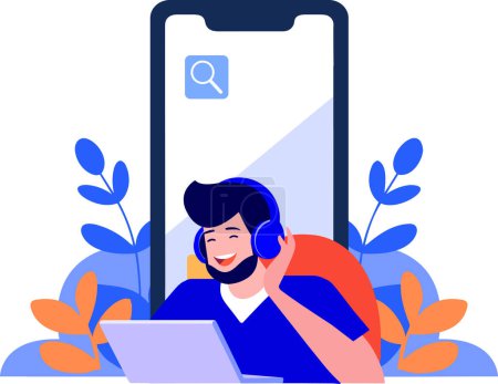 Illustration for Hand Drawn Call center characters with smartphones in the concept of online support in flat style isolated on background - Royalty Free Image