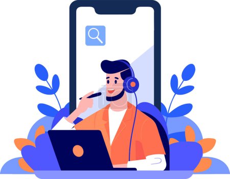 Illustration for Hand Drawn Call center characters with smartphones in the concept of online support in flat style isolated on background - Royalty Free Image