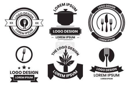 Téléchargez les illustrations : Logo fourchette et équipement de cuisine pour restaurant dans un style vintage isolé sur fond - en licence libre de droit
