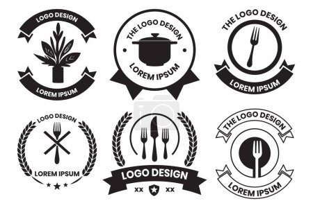 Illustration for Fork and kitchen equipment logo for restaurant in vintage style isolated on background - Royalty Free Image