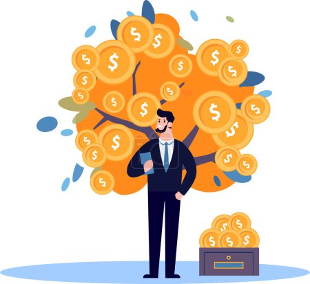 Illustration for Hand Drawn Businessman with money tree in Passive Income concept in flat style isolated on background - Royalty Free Image
