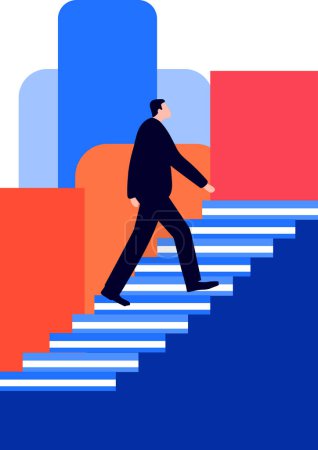 Téléchargez les illustrations : Main dessiné homme d'affaires monter les escaliers dans le concept de succès dans le style plat isolé sur fond - en licence libre de droit