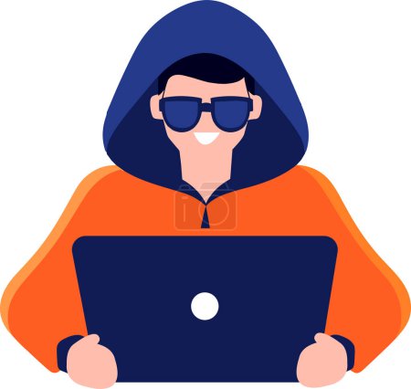 Téléchargez les illustrations : Voleur ou hacker dessiné à la main en concept Cybersécurité dans un style plat isolé sur fond - en licence libre de droit