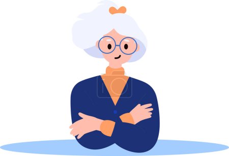 Téléchargez les illustrations : Main dessinée vieille femme se tient avec ses bras croisés avec confiance dans le style plat isolé sur fond - en licence libre de droit