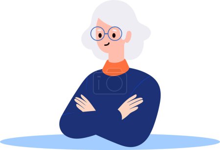 Ilustración de Mujer vieja dibujada a mano se levanta con los brazos cruzados con confianza en el estilo plano aislado en el fondo - Imagen libre de derechos