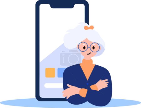 Illustration for Hand Drawn old woman stands with her arms crossed with confidence in flat style isolated on background - Royalty Free Image