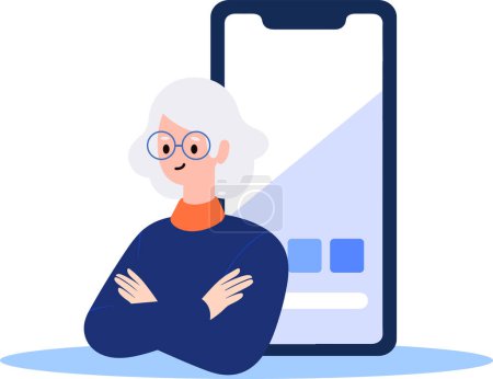 Illustration for Hand Drawn old woman stands with her arms crossed with confidence in flat style isolated on background - Royalty Free Image