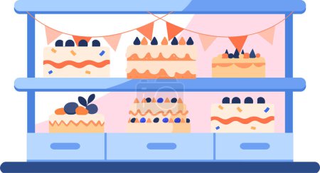 Téléchargez les illustrations : Façade de boulangerie dessinée à la main pleine de gâteaux dans un style plat isolé sur fond - en licence libre de droit