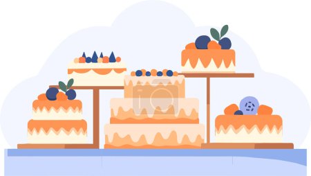 Téléchargez les illustrations : Façade de boulangerie dessinée à la main pleine de gâteaux dans un style plat isolé sur fond - en licence libre de droit