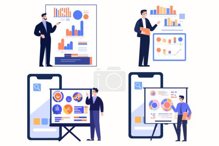 Illustration for Hand Drawn Businessman with presentation charts in flat style isolated on background - Royalty Free Image