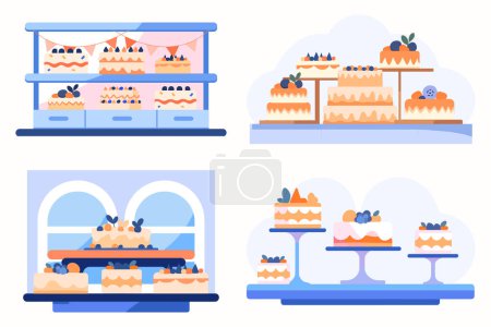 Illustration for Hand Drawn Bakery shop front full of cakes in flat style isolated on background - Royalty Free Image
