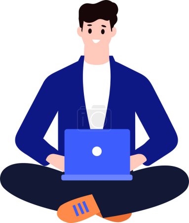 Téléchargez les illustrations : Un homme utilisant un ordinateur portable dans un style plat isolé sur fond - en licence libre de droit
