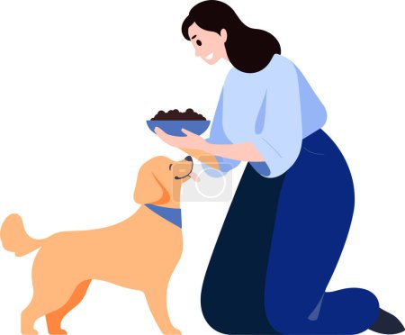 Téléchargez les illustrations : Une femme nourrissant son chien en style plat isolé sur fond - en licence libre de droit