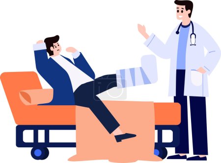 Ilustración de Paciente acostado en la cama y hablando con el médico en estilo plano aislado en el fondo - Imagen libre de derechos