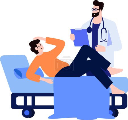 Téléchargez les illustrations : Patient couché sur le lit et parlant avec le médecin dans le style plat isolé sur le fond - en licence libre de droit