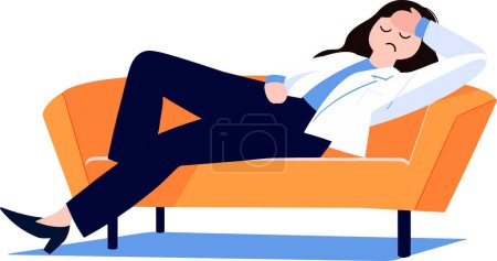 Téléchargez les illustrations : Femme fatiguée et allongée sur le canapé dans un style plat isolé sur le fond - en licence libre de droit