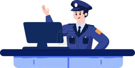 Téléchargez les illustrations : Policier avec ordinateur portable dans un style plat isolé sur fond - en licence libre de droit