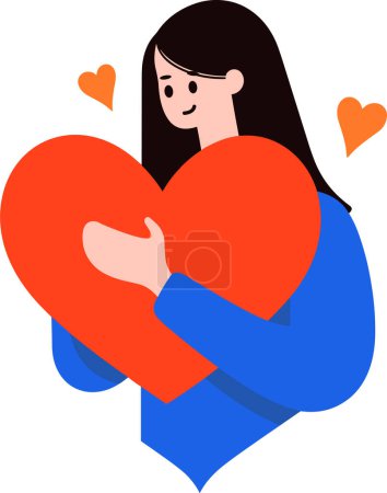 Ilustración de Una mujer abrazando gran corazón en estilo plano aislado en el fondo - Imagen libre de derechos