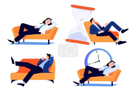 Illustration for People tired and lying down on couch in flat style collection - Royalty Free Image