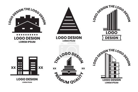Téléchargez les illustrations : Maisons et gratte-ciel logo ou insigne en style vintage isolé sur fond - en licence libre de droit