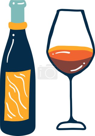 Illustration for Isolate a glass of wine and a bottle of wine flat style on background - Royalty Free Image