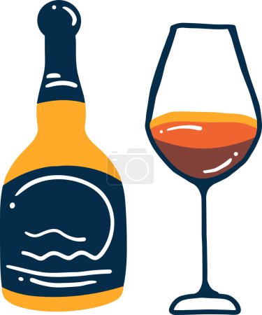 Téléchargez les illustrations : Isoler un verre de vin et une bouteille de vin de style plat sur fond - en licence libre de droit