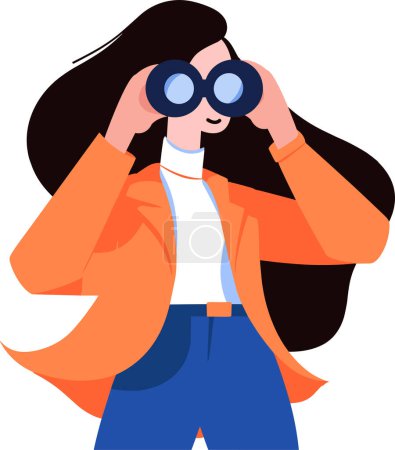Ilustración de Mujer mirando a través de binoculares estilo plano en el fondo - Imagen libre de derechos