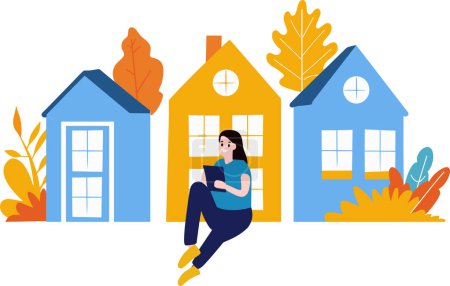 Téléchargez les illustrations : Une femme à la recherche de biens immobiliers à partir d'un ordinateur portable style plat isolé sur fond - en licence libre de droit