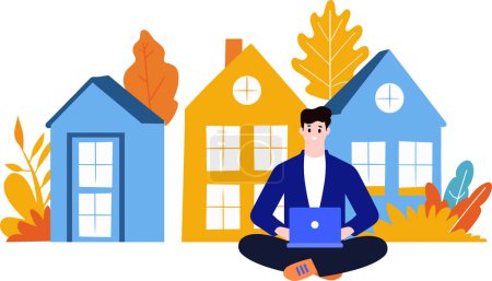 Téléchargez les illustrations : Un homme à la recherche de biens immobiliers à partir d'un ordinateur portable style plat isolé sur fond - en licence libre de droit