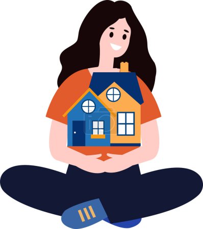 Téléchargez les illustrations : Une femme tenant maison style plat isolé sur fond - en licence libre de droit