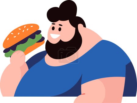 Téléchargez les illustrations : Gros gars manger burger plat style isolé sur fond - en licence libre de droit