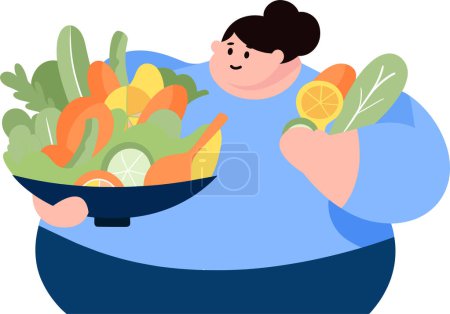 Illustration for Fat woman holding salad flat style isolated on background - Royalty Free Image