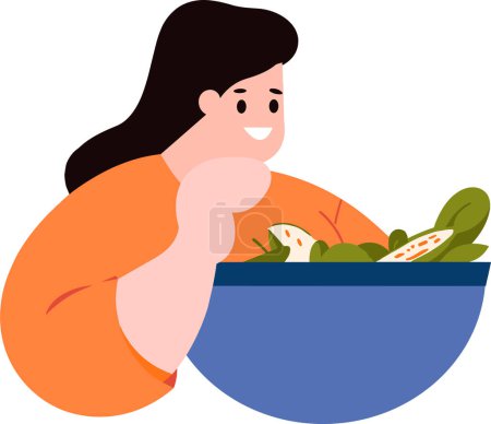 Téléchargez les illustrations : Gros femme tenant salade style plat isolé sur fond - en licence libre de droit