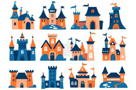 Téléchargez les illustrations : Collection château style plat isolé sur fond - en licence libre de droit