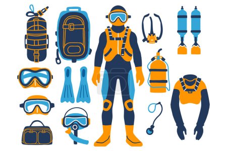 Illustration for Aquanaut object collection flat style isolated on background - Royalty Free Image