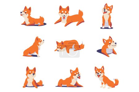 Téléchargez les illustrations : Shiba inu chien collection style plat sur fond - en licence libre de droit