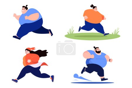 Illustration for Fat person running collection flat style on background - Royalty Free Image