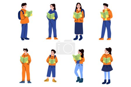 Illustration for People reading book collection flat style on background - Royalty Free Image