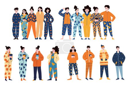 Téléchargez les illustrations : Personnes portant des pyjamas collection style plat sur fond - en licence libre de droit