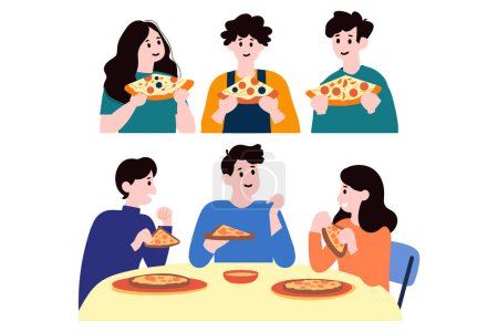 Téléchargez les illustrations : Personnes mangeant style plat collection sur fond - en licence libre de droit