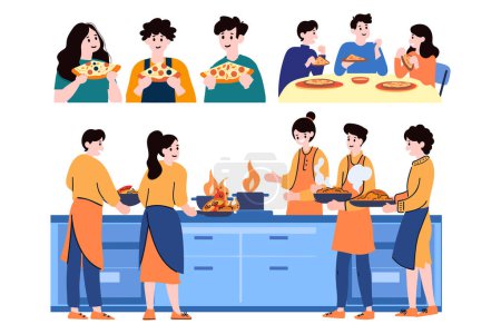 Téléchargez les illustrations : Gens cuisine et manger collection style plat sur fond - en licence libre de droit