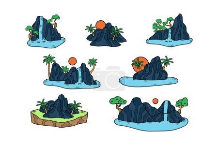 Téléchargez les illustrations : Île dessinée à la main et cascade dans un style plat isolé sur fond - en licence libre de droit
