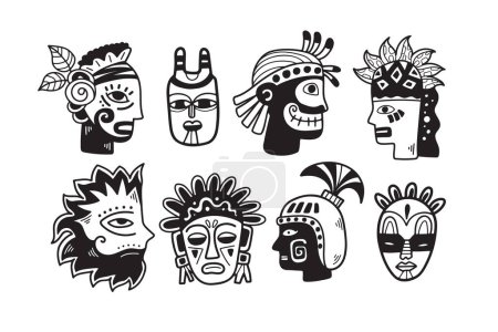 Téléchargez les illustrations : Masque tribal dessiné à la main dans un style plat isolé sur fond - en licence libre de droit